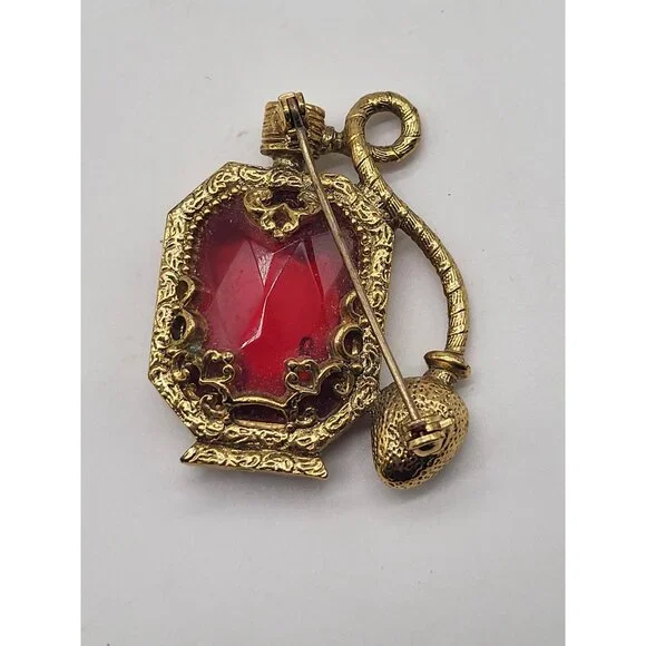 VTG Figural Ornate Perfume Bottle Pin Brooch Gold Tone Red Glass Faceted Stone - Picture 2 of 8